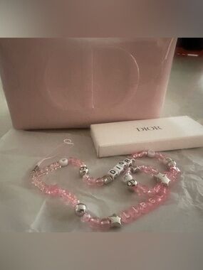 Dior Glossy Light Pink Cosmetic Pouch & Key Chain or Phone beaded handle by Dior